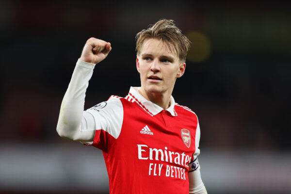 LONDON, ENGLAND - MARCH 01: Martin Odegaard of Arsenal acknowledges the fans following the team's victory in the Premier League match between Arsenal FC and Everton FC at Emirates Stadium on March 01, 2023 in London, England. 