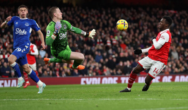 LONDON, ENGLAND - MARCH 01: Eddie Nketiah of Arsenal shoots as Jordan Pickford of Everton attempts to save during the Premier League match between Arsenal FC and Everton FC at Emirates Stadium on March 01, 2023 in London, England.