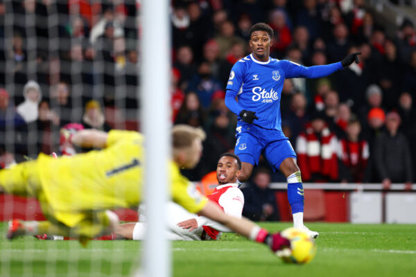 LONDON, ENGLAND - MARCH 01: Demarai Gray of Everton has his shot saved by Aaron Ramsdale of Arsenal during the Premier League match between Arsenal FC and Everton FC at Emirates Stadium on March 01, 2023 in London, England. 