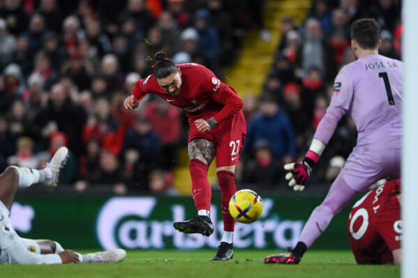 LIVERPOOL, ENGLAND - MARCH 01: Darwin Nunez of Liverpool scores the team's first goal past Jose Sa of Wolverhampton Wanderers, which is later disallowed by VAR during the Premier League match between Liverpool FC and Wolverhampton Wanderers at Anfield on March 01, 2023 in Liverpool, England. 