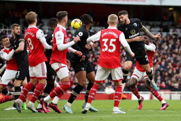 LONDON, ENGLAND - MARCH 04: Marcos Senesi of AFC Bournemouth scores the team's second goal during the Premier League match between Arsenal FC and AFC Bournemouth at Emirates Stadium on March 04, 2023 in London, England. 