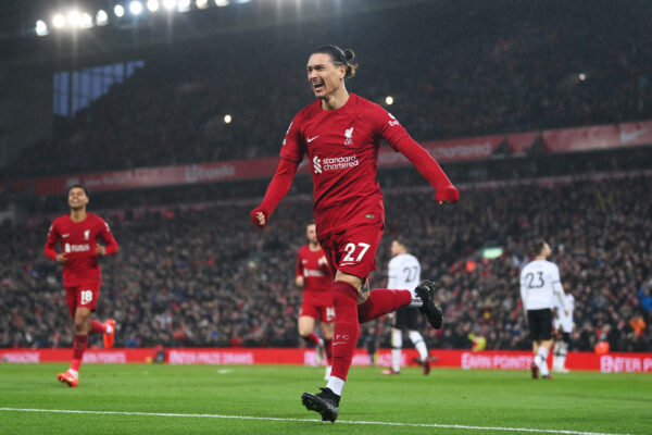 LIVERPOOL, ENGLAND - MARCH 05: Darwin Nunez of Liverpool celebrates after scoring the team's second goal during the Premier League match between Liverpool FC and Manchester United at Anfield on March 05, 2023 in Liverpool, England. (Photo by Michael Regan/Getty Images)