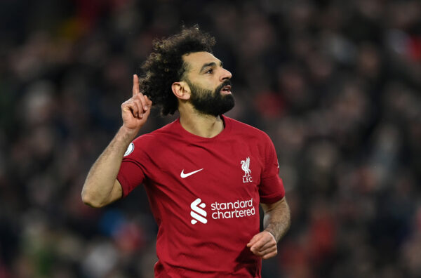 LIVERPOOL, ENGLAND - MARCH 05: Mohamed Salah of Liverpool celebrates after scoring the team's fourth goal during the Premier League match between Liverpool FC and Manchester United at Anfield on March 05, 2023 in Liverpool, England. (Photo by Michael Regan/Getty Images)