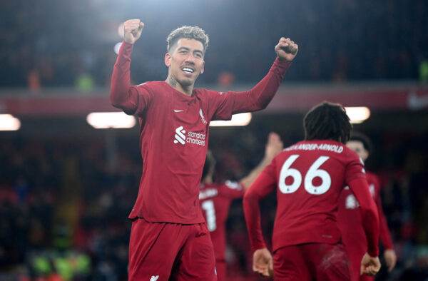 LIVERPOOL, ENGLAND - MARCH 05: Roberto Firmino of Liverpool celebrates after scoring the team's seventh goal during the Premier League match between Liverpool FC and Manchester United at Anfield on March 05, 2023 in Liverpool, England. (Photo by Michael Regan/Getty Images)