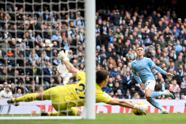 MANCHESTER, ENGLAND - MARCH 04: Nick Pope of Newcastle United (obscured) makes a save from Phil Foden of Manchester City during the Premier League match between Manchester City and Newcastle United at Etihad Stadium on March 04, 2023 in Manchester, England. (Photo by Michael Regan/Getty Images)