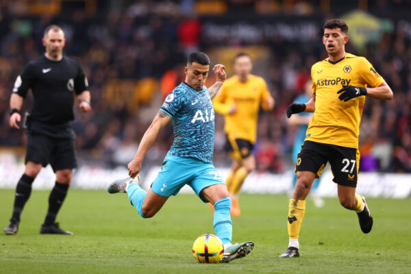 WOLVERHAMPTON, ENGLAND - MARCH 04: Pedro Porro of Tottenham Hotspur shoots and misses during the Premier League match between Wolverhampton Wanderers and Tottenham Hotspur at Molineux on March 04, 2023 in Wolverhampton, England. (Photo by Naomi Baker/Getty Images)
