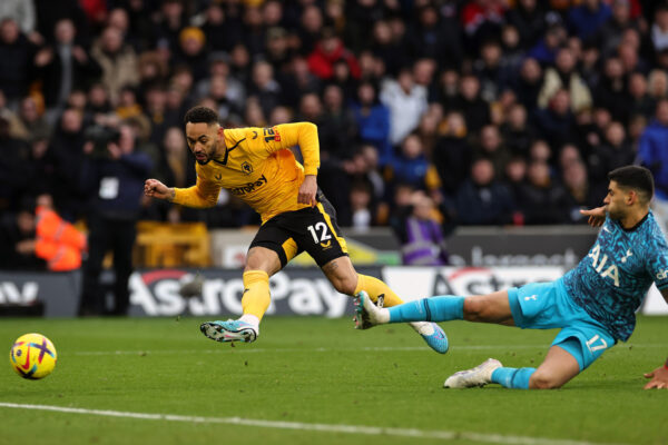WOLVERHAMPTON, ENGLAND - MARCH 04: Matheus Cunha of Wolverhampton Wanderers shoots and misses during the Premier League match between Wolverhampton Wanderers and Tottenham Hotspur at Molineux on March 04, 2023 in Wolverhampton, England. (Photo by David Rogers/Getty Images)