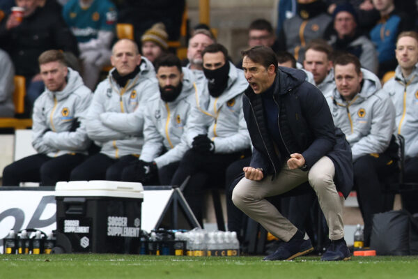 Wolverhampton Wanderers' Spanish head coach Julen Lopetegui reacts during the English Premier League football match between Wolverhampton Wanderers and Tottenham Hotspur at the Molineux stadium in Wolverhampton, central England on March 4, 2023. (Photo by Darren Staples / AFP) / RESTRICTED TO EDITORIAL USE. No use with unauthorized audio, video, data, fixture lists, club/league logos or 'live' services. Online in-match use limited to 120 images. An additional 40 images may be used in extra time. No video emulation. Social media in-match use limited to 120 images. An additional 40 images may be used in extra time. No use in betting publications, games or single club/league/player publications. / (Photo by DARREN STAPLES/AFP via Getty Images)