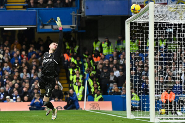 The ball hits the crossbar from a shot by Chelsea's Portuguese striker Joao Felix (not pictured) during the English Premier League football match between Chelsea and Leeds United at Stamford Bridge in London on March 4, 2023. (Photo by JUSTIN TALLIS / AFP) / RESTRICTED TO EDITORIAL USE. No use with unauthorized audio, video, data, fixture lists, club/league logos or 'live' services. Online in-match use limited to 120 images. An additional 40 images may be used in extra time. No video emulation. Social media in-match use limited to 120 images. An additional 40 images may be used in extra time. No use in betting publications, games or single club/league/player publications. / (Photo by JUSTIN TALLIS/AFP via Getty Images)