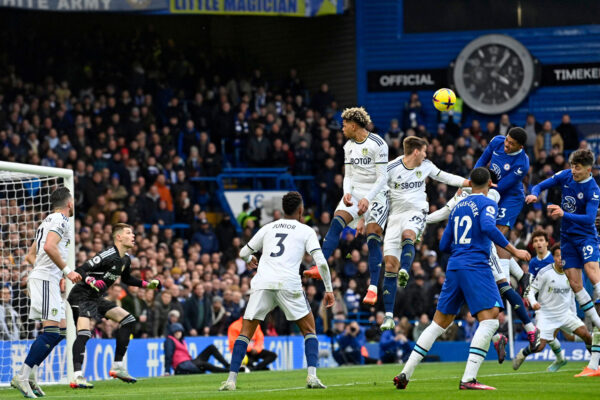 Chelsea's French defender Wesley Fofana (2R) heads home the opening goal of the English Premier League football match between Chelsea and Leeds United at Stamford Bridge in London on March 4, 2023. (Photo by JUSTIN TALLIS / AFP) / RESTRICTED TO EDITORIAL USE. No use with unauthorized audio, video, data, fixture lists, club/league logos or 'live' services. Online in-match use limited to 120 images. An additional 40 images may be used in extra time. No video emulation. Social media in-match use limited to 120 images. An additional 40 images may be used in extra time. No use in betting publications, games or single club/league/player publications. / (Photo by JUSTIN TALLIS/AFP via Getty Images)