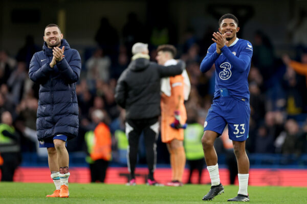 LONDON, ENGLAND - MARCH 04: Wesley Fofana of Chelsea applauds the fans after the Premier League match between Chelsea FC and Leeds United at Stamford Bridge on March 04, 2023 in London, England. (Photo by Catherine Ivill/Getty Images)