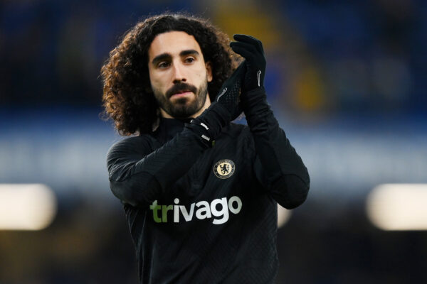 LONDON, ENGLAND - MARCH 07: Marc Cucurella of Chelsea applauds fans as they warm up prior to the UEFA Champions League round of 16 leg two match between Chelsea FC and Borussia Dortmund at Stamford Bridge on March 07, 2023 in London, England. (Photo by Justin Setterfield/Getty Images)
