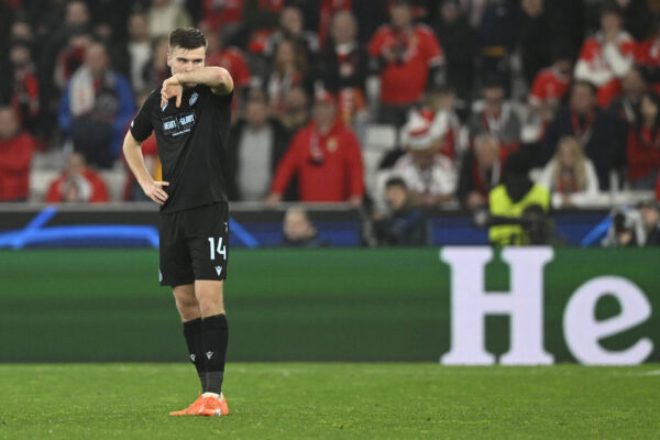 TOPSHOT - Club Brugge's Dutch defender Bjorn Meijer reacts after scoring a goal during the UEFA Champions League round of 16 second leg football match between SL Benfica and Club Brugge at the Luz stadium in Lisbon on March 7, 2023. (Photo by PATRICIA DE MELO MOREIRA / AFP) (Photo by PATRICIA DE MELO MOREIRA/AFP via Getty Images)