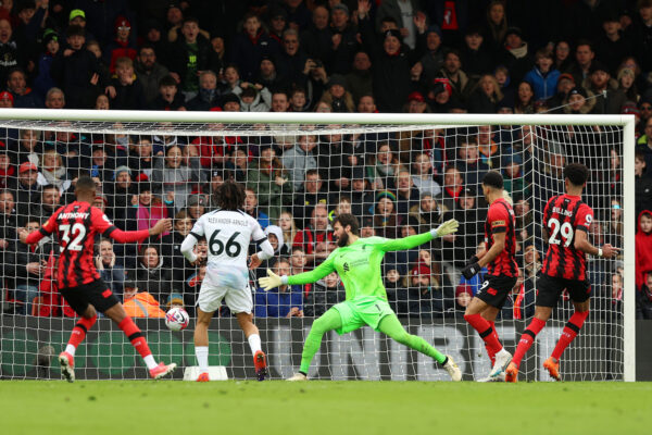BOURNEMOUTH, ENGLAND - MARCH 11: Philip Billing of AFC Bournemouth scores the team's first goal past Alisson Becker of Liverpool during the Premier League match between AFC Bournemouth and Liverpool FC at Vitality Stadium on March 11, 2023 in Bournemouth, England. (Photo by Luke Walker/Getty Images)