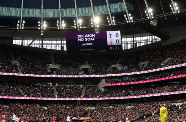 LONDON, ENGLAND - MARCH 11: The LED board shows the VAR decision to disallow a goal by Richarlison of Tottenham Hotspur (not pictured) during the Premier League match between Tottenham Hotspur and Nottingham Forest at Tottenham Hotspur Stadium on March 11, 2023 in London, England. (Photo by Catherine Ivill/Getty Images)