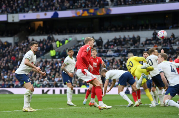 LONDON, ENGLAND - MARCH 11: Joe Worrall of Nottingham Forest scores the team's first goal during the Premier League match between Tottenham Hotspur and Nottingham Forest at Tottenham Hotspur Stadium on March 11, 2023 in London, England. (Photo by Justin Setterfield/Getty Images)
