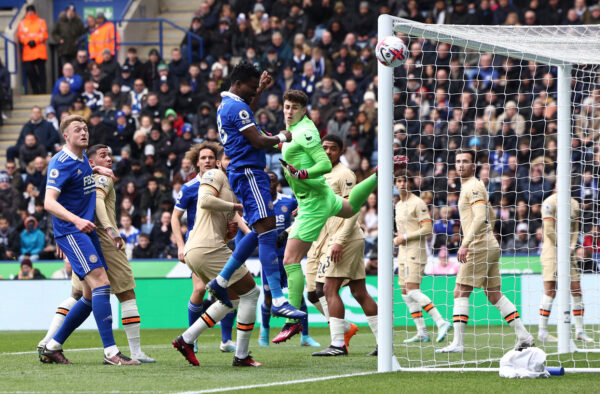 Leicester City's Ghanaian midfielder Daniel Amartey (C0 header but fails to score during the English Premier League football match between Leicester City and Chelsea at King Power Stadium in Leicester, central England on March 11, 2023. (Photo by Darren Staples / AFP) / RESTRICTED TO EDITORIAL USE. No use with unauthorized audio, video, data, fixture lists, club/league logos or 'live' services. Online in-match use limited to 120 images. An additional 40 images may be used in extra time. No video emulation. Social media in-match use limited to 120 images. An additional 40 images may be used in extra time. No use in betting publications, games or single club/league/player publications. / (Photo by DARREN STAPLES/AFP via Getty Images)
