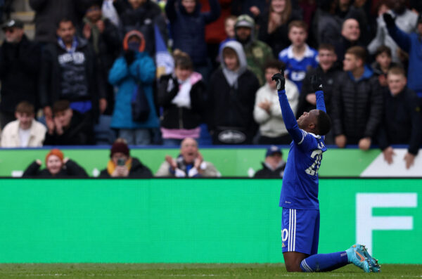 Leicester City's Zambian striker Patson Daka celebrates after scoring the equalising goal during the English Premier League football match between Leicester City and Chelsea at King Power Stadium in Leicester, central England on March 11, 2023. (Photo by DARREN STAPLES / AFP) / RESTRICTED TO EDITORIAL USE. No use with unauthorized audio, video, data, fixture lists, club/league logos or 'live' services. Online in-match use limited to 120 images. An additional 40 images may be used in extra time. No video emulation. Social media in-match use limited to 120 images. An additional 40 images may be used in extra time. No use in betting publications, games or single club/league/player publications. / (Photo by DARREN STAPLES/AFP via Getty Images)