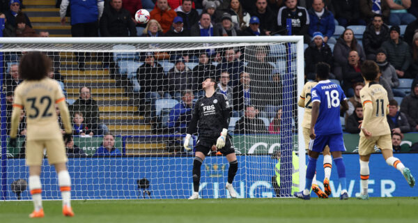 Leicester City's Welsh goalkeeper Danny Ward (C) watches the ball as he concedes a secnond goal, bu Chelsea's German midfielder Kai Havertz (3R) during the English Premier League football match between Leicester City and Chelsea at King Power Stadium in Leicester, central England on March 11, 2023. (Photo by DARREN STAPLES / AFP) / RESTRICTED TO EDITORIAL USE. No use with unauthorized audio, video, data, fixture lists, club/league logos or 'live' services. Online in-match use limited to 120 images. An additional 40 images may be used in extra time. No video emulation. Social media in-match use limited to 120 images. An additional 40 images may be used in extra time. No use in betting publications, games or single club/league/player publications. / (Photo by DARREN STAPLES/AFP via Getty Images)