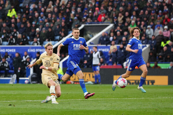 LEICESTER, ENGLAND - MARCH 11: Mykhaylo Mudryk of Chelsea scores a goal which was later disallowed by VAR for offside during the Premier League match between Leicester City and Chelsea FC at The King Power Stadium on March 11, 2023 in Leicester, England. (Photo by Marc Atkins/Getty Images)