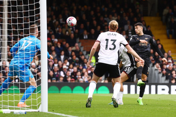 LONDON, ENGLAND - MARCH 12: Gabriel Martinelli of Arsenal scores the team's second goal as Bernd Leno of Fulham looks on during the Premier League match between Fulham FC and Arsenal FC at Craven Cottage on March 12, 2023 in London, England. (Photo by Clive Rose/Getty Images)