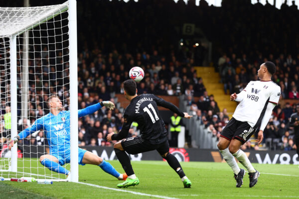 LONDON, ENGLAND - MARCH 12: Gabriel Martinelli of Arsenal has a shot saved by Bernd Leno of Fulham during the Premier League match between Fulham FC and Arsenal FC at Craven Cottage on March 12, 2023 in London, England. (Photo by Clive Rose/Getty Images)