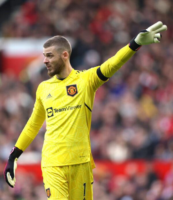 MANCHESTER, ENGLAND - MARCH 12: David de Gea of Manchester United gestures during the Premier League match between Manchester United and Southampton FC at Old Trafford on March 12, 2023 in Manchester, England. (Photo by Nathan Stirk/Getty Images)