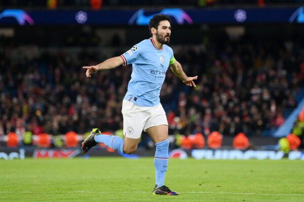 MANCHESTER, ENGLAND - MARCH 14: Ilkay Guendogan of Manchester City celebrates after scoring the team's fourth goal during the UEFA Champions League round of 16 leg two match between Manchester City and RB Leipzig at Etihad Stadium on March 14, 2023 in Manchester, England. (Photo by Shaun Botterill/Getty Images)
