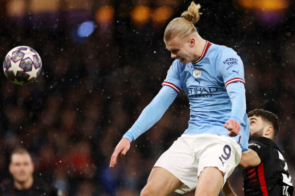 MANCHESTER, ENGLAND - MARCH 14: Erling Haaland of Manchester City scores the team's second goal during the UEFA Champions League round of 16 leg two match between Manchester City and RB Leipzig at Etihad Stadium on March 14, 2023 in Manchester, England. (Photo by Catherine Ivill/Getty Images)