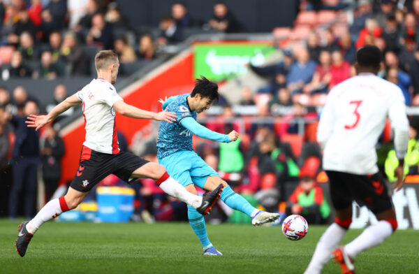 SOUTHAMPTON, ENGLAND - MARCH 18: Son Heung-Min of Tottenham Hotspur shoots and missed during the Premier League match between Southampton FC and Tottenham Hotspur at Friends Provident St. Mary's Stadium on March 18, 2023 in Southampton, England. (Photo by Michael Steele/Getty Images)