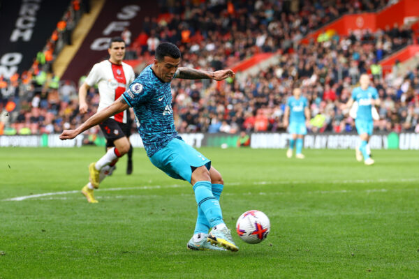 SOUTHAMPTON, ENGLAND - MARCH 18: Pedro Porro of Tottenham Hotspur scores the team's first goal during the Premier League match between Southampton FC and Tottenham Hotspur at Friends Provident St. Mary's Stadium on March 18, 2023 in Southampton, England. (Photo by Michael Steele/Getty Images)