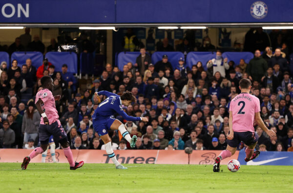 LONDON, ENGLAND - MARCH 18: Joao Felix of Chelsea scores the team's first goal during the Premier League match between Chelsea FC and Everton FC at Stamford Bridge on March 18, 2023 in London, England. (Photo by Ryan Pierse/Getty Images)