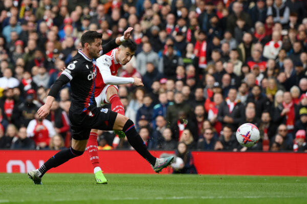 LONDON, ENGLAND - MARCH 19: Gabriel Martinelli of Arsenal scores the team's first goal during the Premier League match between Arsenal FC and Crystal Palace at Emirates Stadium on March 19, 2023 in London, England. (Photo by Shaun Botterill/Getty Images)