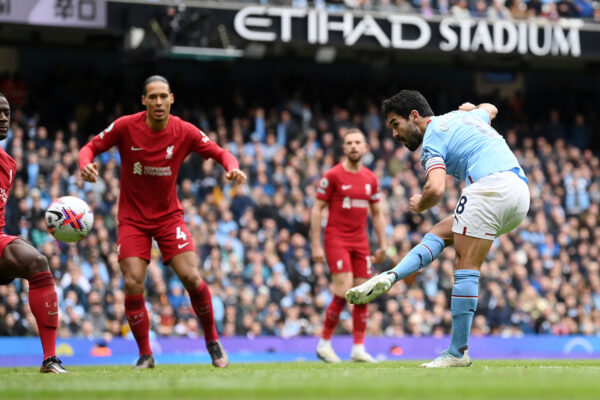 MANCHESTER, ENGLAND - APRIL 01: Ilkay Guendogan of Manchester City scores the team's third goal during the Premier League match between Manchester City and Liverpool FC at Etihad Stadium on April 01, 2023 in Manchester, England. (Photo by Michael Regan/Getty Images)