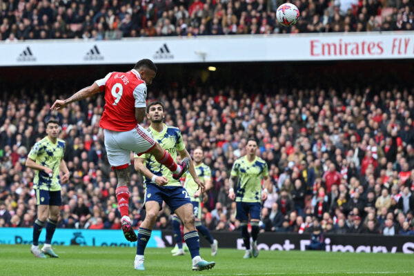 Arsenal's Brazilian striker Gabriel Jesus (2L) heads this attempt over the crossbar during the English Premier League football match between Arsenal and Leeds United at the Emirates Stadium in London on April 1, 2023. (Photo by Glyn KIRK / AFP) / RESTRICTED TO EDITORIAL USE. No use with unauthorized audio, video, data, fixture lists, club/league logos or 'live' services. Online in-match use limited to 120 images. An additional 40 images may be used in extra time. No video emulation. Social media in-match use limited to 120 images. An additional 40 images may be used in extra time. No use in betting publications, games or single club/league/player publications. / (Photo by GLYN KIRK/AFP via Getty Images)