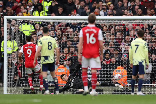 LONDON, ENGLAND - APRIL 01: Illan Meslier of Leeds United fails to save the Arsenal first goal scored by Gabriel Jesus of Arsenal from a penalty kick during the Premier League match between Arsenal FC and Leeds United at Emirates Stadium on April 01, 2023 in London, England. (Photo by Julian Finney/Getty Images)