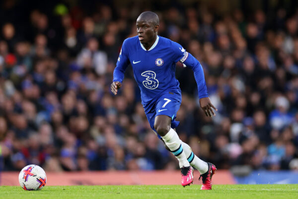 LONDON, ENGLAND - APRIL 01: Ngolo Kante of Chelsea on the ball during the Premier League match between Chelsea FC and Aston Villa at Stamford Bridge on April 01, 2023 in London, England. (Photo by Marc Atkins/Getty Images)