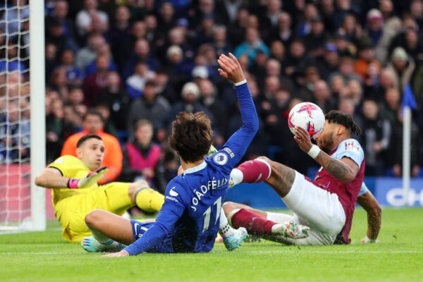 LONDON, ENGLAND - APRIL 01: Joao Felix of Chelsea is challenged by Tyrone Mings of Aston Villa during the Premier League match between Chelsea FC and Aston Villa at Stamford Bridge on April 01, 2023 in London, England. (Photo by Marc Atkins/Getty Images)