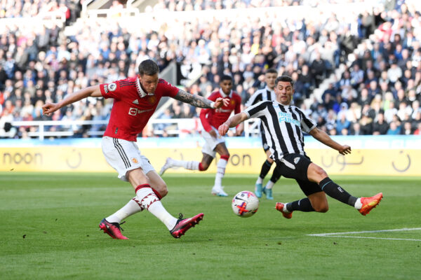 NEWCASTLE UPON TYNE, ENGLAND - APRIL 02: Wout Weghorst of Manchester United shoots during the Premier League match between Newcastle United and Manchester United at St. James Park on April 02, 2023 in Newcastle upon Tyne, England. (Photo by Stu Forster/Getty Images)