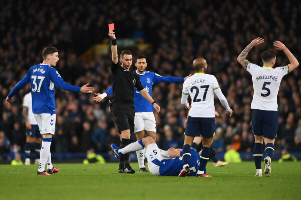 LIVERPOOL, ENGLAND - APRIL 03: Match Referee, David Coote shows a red card to Lucas of Tottenham Hotspur after a tackle on Michael Keane of Everton during the Premier League match between Everton FC and Tottenham Hotspur at Goodison Park on April 03, 2023 in Liverpool, England. (Photo by Stu Forster/Getty Images)