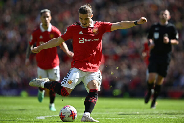 Manchester United's Austrian midfielder Marcel Sabitzer shoots but fails to score during the English Premier League football match between Manchester United and Everton at Old Trafford in Manchester, north west England, on April 8, 2023. (Photo by Paul ELLIS / AFP) / RESTRICTED TO EDITORIAL USE. No use with unauthorized audio, video, data, fixture lists, club/league logos or 'live' services. Online in-match use limited to 120 images. An additional 40 images may be used in extra time. No video emulation. Social media in-match use limited to 120 images. An additional 40 images may be used in extra time. No use in betting publications, games or single club/league/player publications. / (Photo by PAUL ELLIS/AFP via Getty Images)