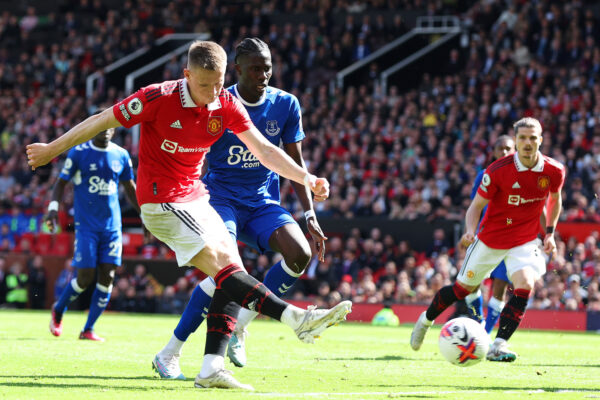 MANCHESTER, ENGLAND - APRIL 08: Scott McTominay of Manchester United scores the team's first goal during the Premier League match between Manchester United and Everton FC at Old Trafford on April 08, 2023 in Manchester, England. (Photo by Jan Kruger/Getty Images)