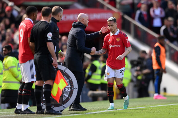 MANCHESTER, ENGLAND - APRIL 08: Antony of Manchester United is substituted off during the Premier League match between Manchester United and Everton FC at Old Trafford on April 08, 2023 in Manchester, England. (Photo by Stu Forster/Getty Images)