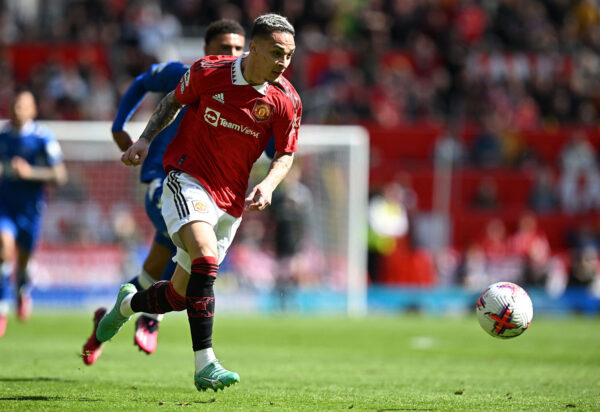 Manchester United's Brazilian midfielder Antony makes an unsuccessful run at goal during the English Premier League football match between Manchester United and Everton at Old Trafford in Manchester, north west England, on April 8, 2023. (Photo by Paul ELLIS / AFP) / RESTRICTED TO EDITORIAL USE. No use with unauthorized audio, video, data, fixture lists, club/league logos or 'live' services. Online in-match use limited to 120 images. An additional 40 images may be used in extra time. No video emulation. Social media in-match use limited to 120 images. An additional 40 images may be used in extra time. No use in betting publications, games or single club/league/player publications. / (Photo by PAUL ELLIS/AFP via Getty Images)