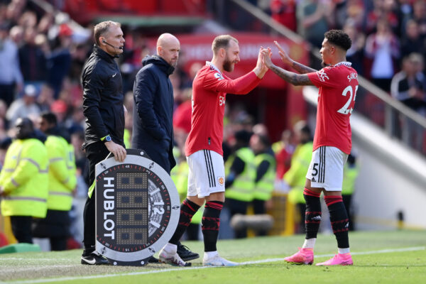 MANCHESTER, ENGLAND - APRIL 08: Jadon Sancho of Manchester United is substituted off for Christian Eriksen during the Premier League match between Manchester United and Everton FC at Old Trafford on April 08, 2023 in Manchester, England. (Photo by Stu Forster/Getty Images)