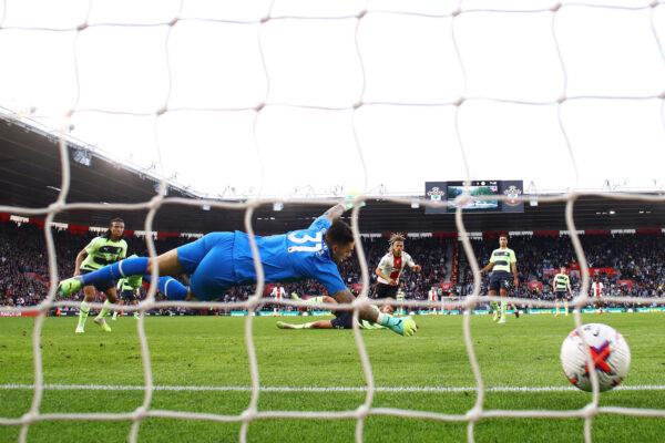 SOUTHAMPTON, ENGLAND - APRIL 08: Sekou Mara of Southampton scores the team's first goal past Ederson of Manchester City during the Premier League match between Southampton FC and Manchester City at Friends Provident St. Mary's Stadium on April 08, 2023 in Southampton, England. (Photo by Michael Steele/Getty Images)