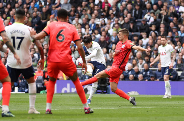 LONDON, ENGLAND - APRIL 08: Son Heung-Min of Tottenham Hotspur scores the team's first goal during the Premier League match between Tottenham Hotspur and Brighton & Hove Albion at Tottenham Hotspur Stadium on April 08, 2023 in London, England. (Photo by Julian Finney/Getty Images)