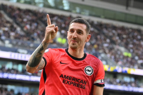 LONDON, ENGLAND - APRIL 08: Lewis Dunk of Brighton & Hove Albion celebrates after scoring the team's first goal during the Premier League match between Tottenham Hotspur and Brighton & Hove Albion at Tottenham Hotspur Stadium on April 08, 2023 in London, England. (Photo by Justin Setterfield/Getty Images)