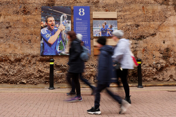 LONDON, ENGLAND - APRIL 01: A picture of Frank Lampard is seen outside the stadium as fans arrive prior to the Premier League match between Chelsea FC and Aston Villa at Stamford Bridge on April 01, 2023 in London, England. (Photo by Marc Atkins/Getty Images)