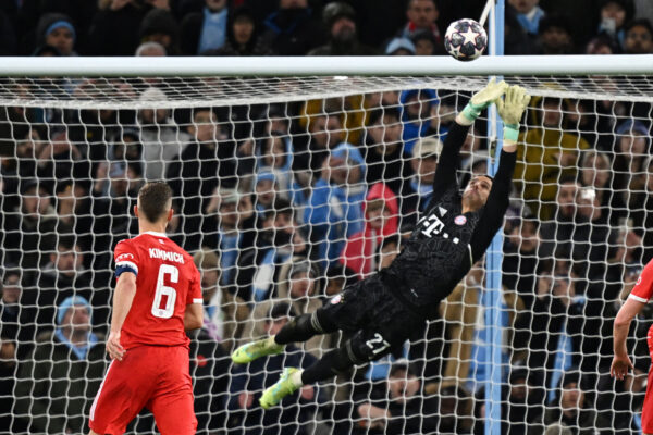 Bayern Munich's Swiss goalkeeper Yann Sommer makes a save during the UEFA Champions League quarter final, first leg football match between Manchester City and Bayern Munich at the Etihad Stadium in Manchester, north-west England, on April 11, 2023.